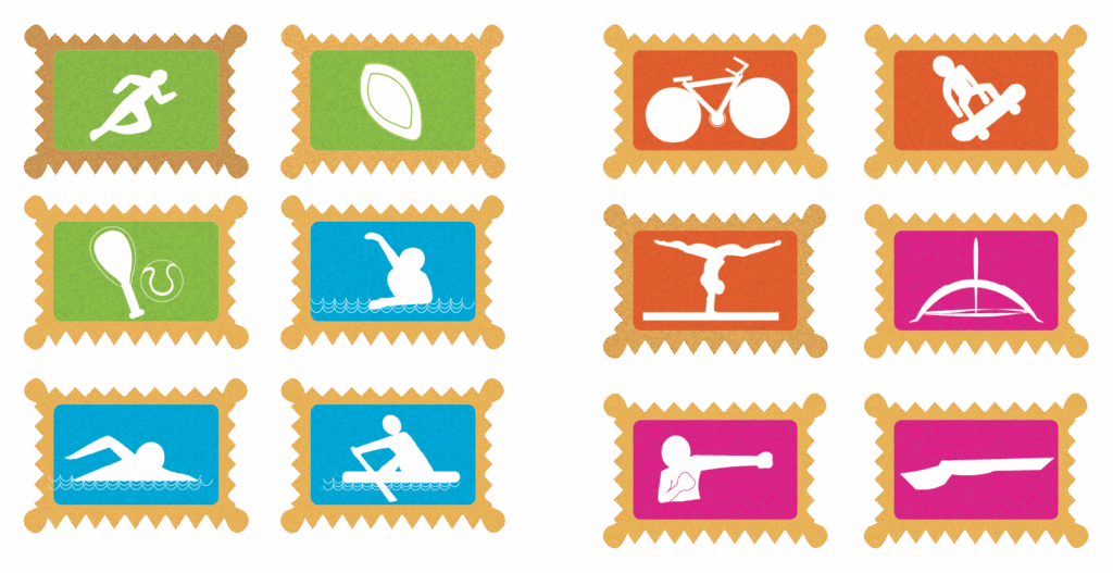 Olympic sports Zoo Biscuits design. Blue for aquatics, green for field, orange for adrenaline and pink for weapon - Illustration